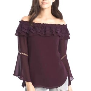 White House Black Market Crochet Trim Off Shoulder Ruffle Top